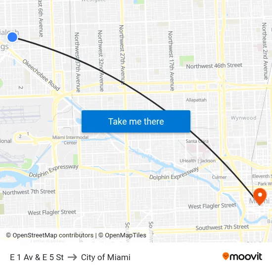 E 1 Av & E 5 St to City of Miami map