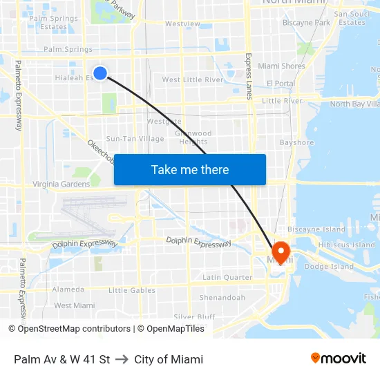 Palm Av & W 41 St to City of Miami map
