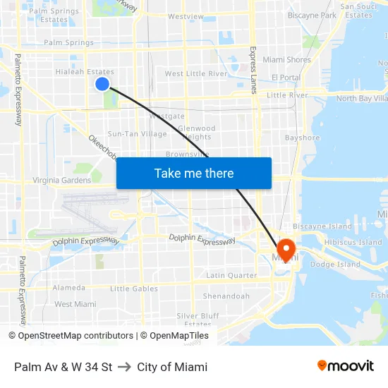Palm Av & W 34 St to City of Miami map