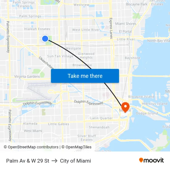 Palm Av & W 29 St to City of Miami map