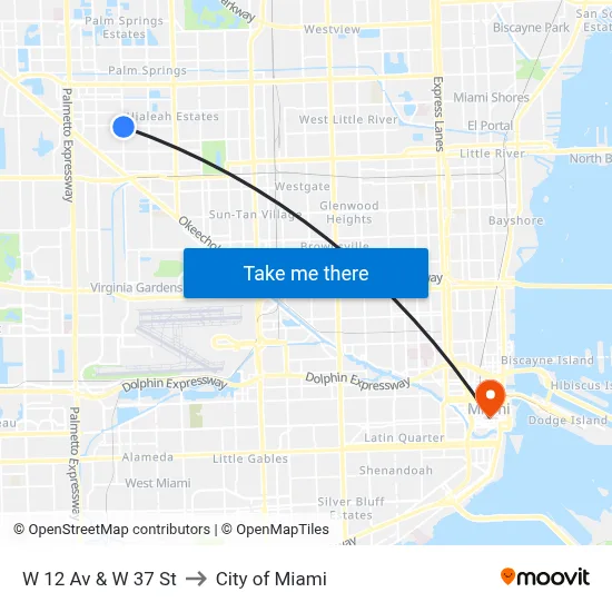 W 12 Av & W 37 St to City of Miami map