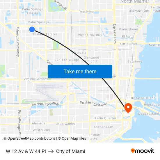 W 12 Av & W 44 Pl to City of Miami map