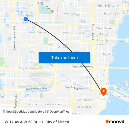 W 12 Av & W 58 St to City of Miami map