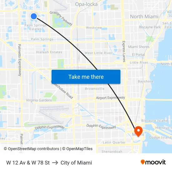 W 12 Av & W 78 St to City of Miami map