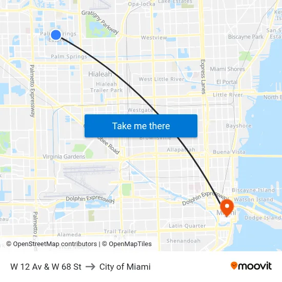 W 12 Av & W 68 St to City of Miami map
