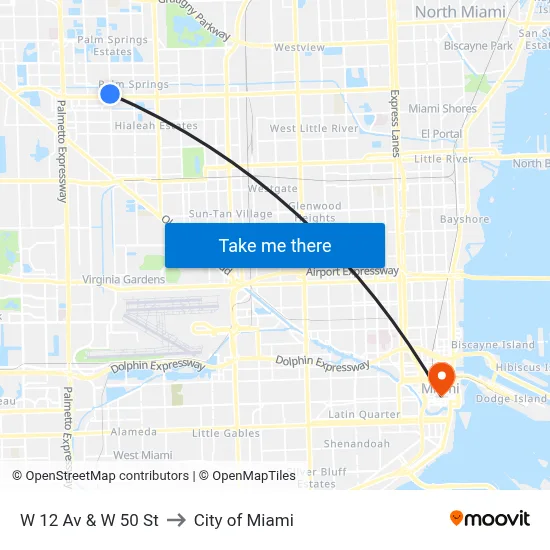 W 12 Av & W 50 St to City of Miami map
