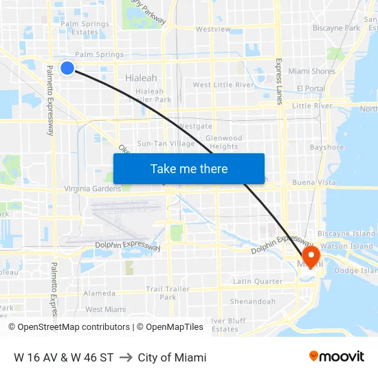 W 16 AV & W 46 ST to City of Miami map