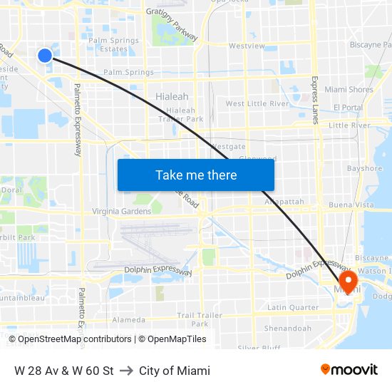 W 28 Av & W 60 St to City of Miami map