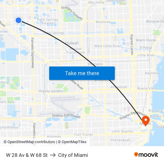 W 28 Av & W 68 St to City of Miami map