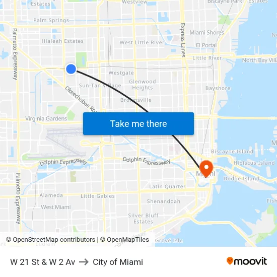 W 21 St & W 2 Av to City of Miami map