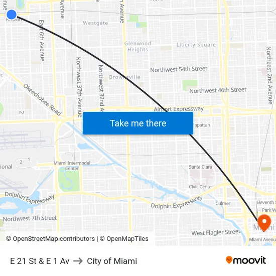 E 21 St & E 1 Av to City of Miami map