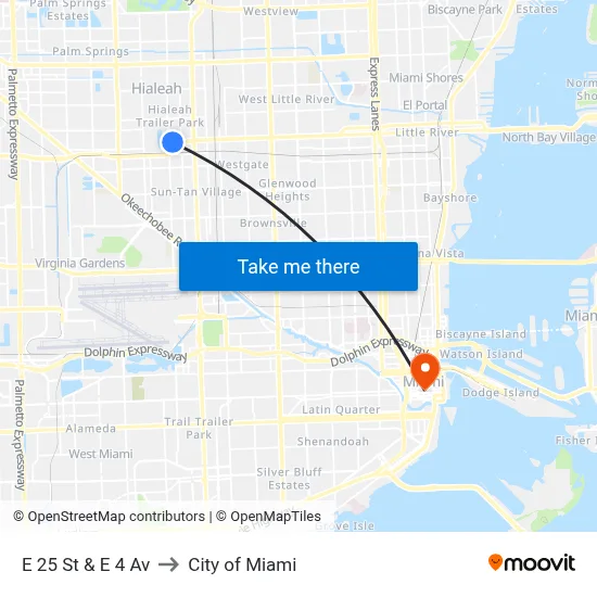 E 25 St & E 4 Av to City of Miami map
