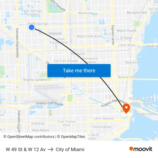 W 49 St & W 12 Av to City of Miami map