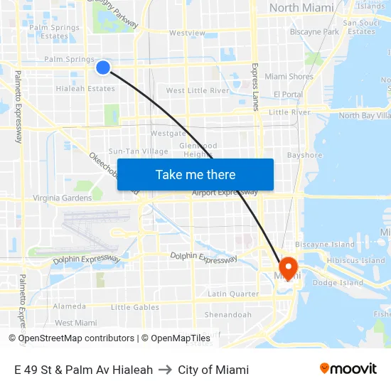 E 49 St & Palm Av Hialeah to City of Miami map