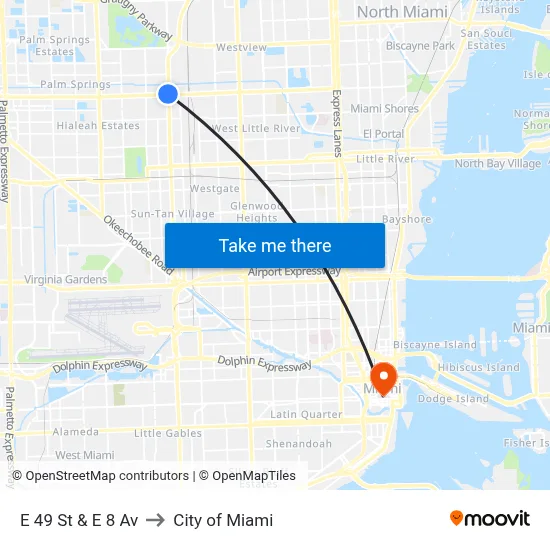 E 49 St & E 8 Av to City of Miami map