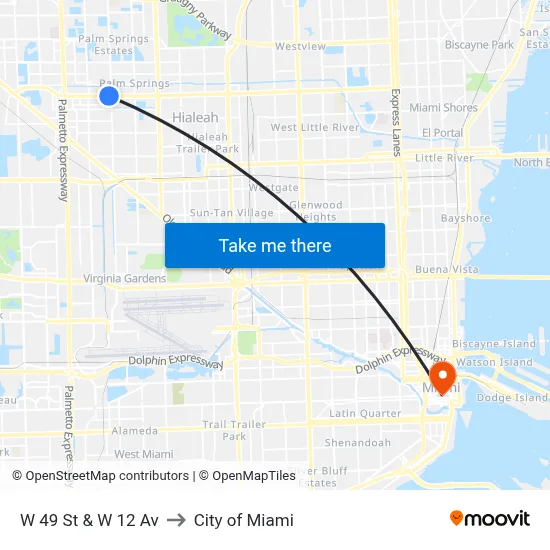 W 49 St & W 12 Av to City of Miami map