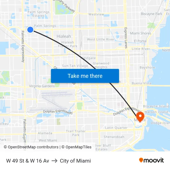 W 49 St & W 16 Av to City of Miami map