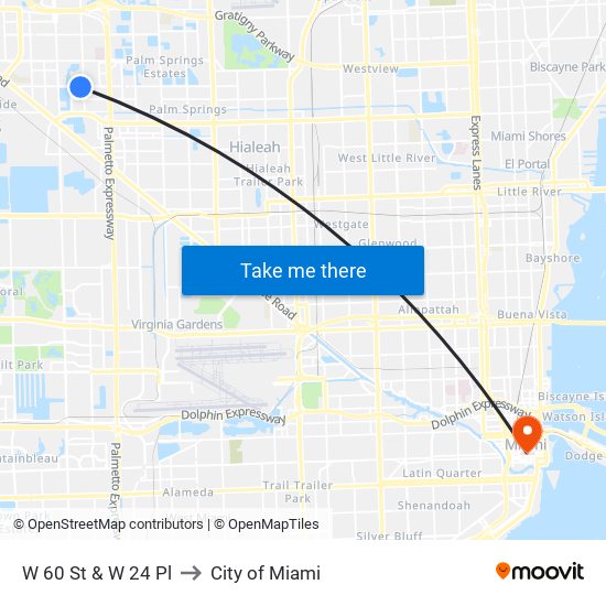 W 60 St & W 24 Pl to City of Miami map