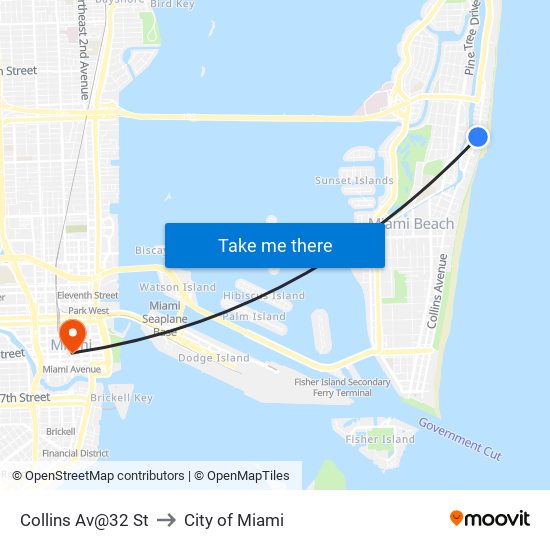 Collins Av@32 St to City of Miami map
