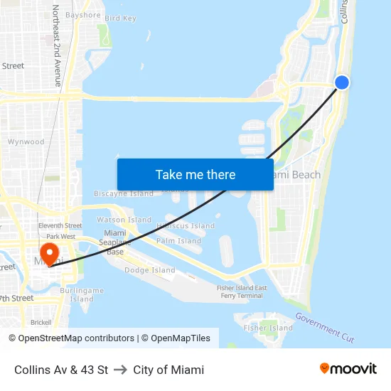 Collins Av & 43 St to City of Miami map