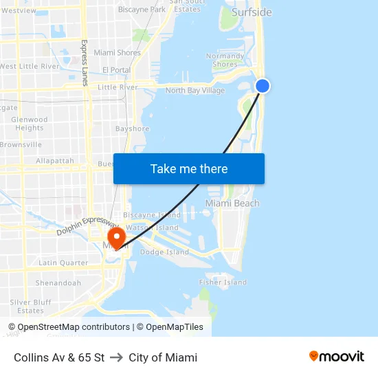 Collins Av & 65 St to City of Miami map