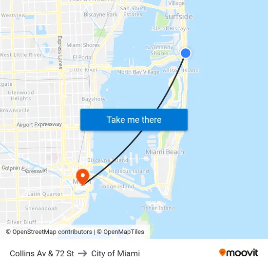 Collins Av & 72 St to City of Miami map