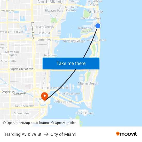 Harding Av & 79 St to City of Miami map