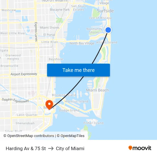Harding Av & 75 St to City of Miami map