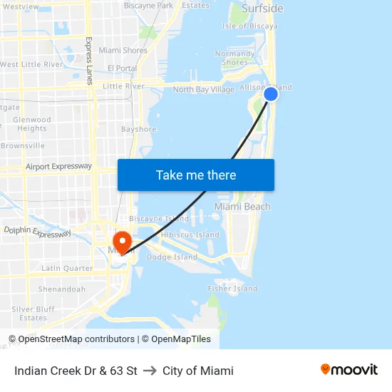 Indian Creek Dr & 63 St to City of Miami map