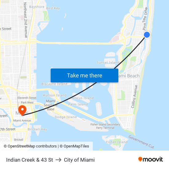 Indian Creek & 43 St to City of Miami map