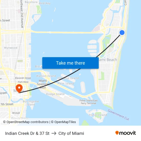 Indian Creek Dr & 37 St to City of Miami map