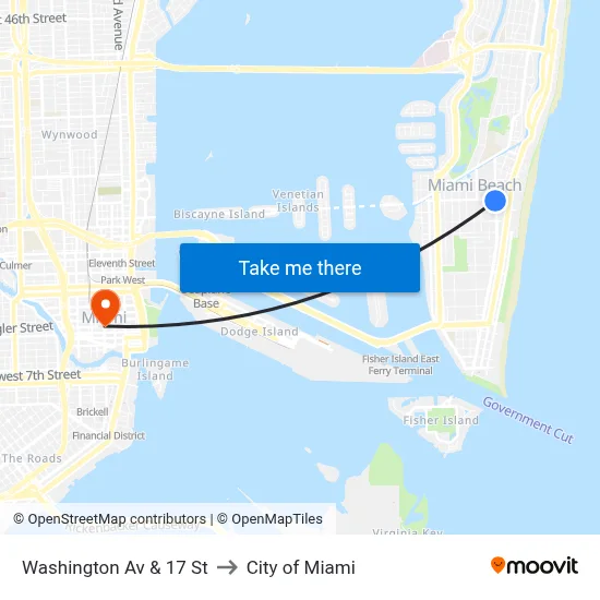 Washington Av & 17 St to City of Miami map