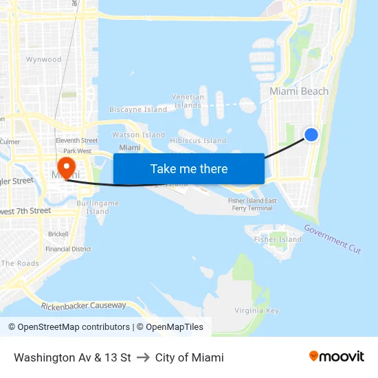 Washington Av & 13 St to City of Miami map