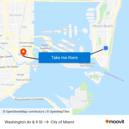 Washington Av & 9 St to City of Miami map