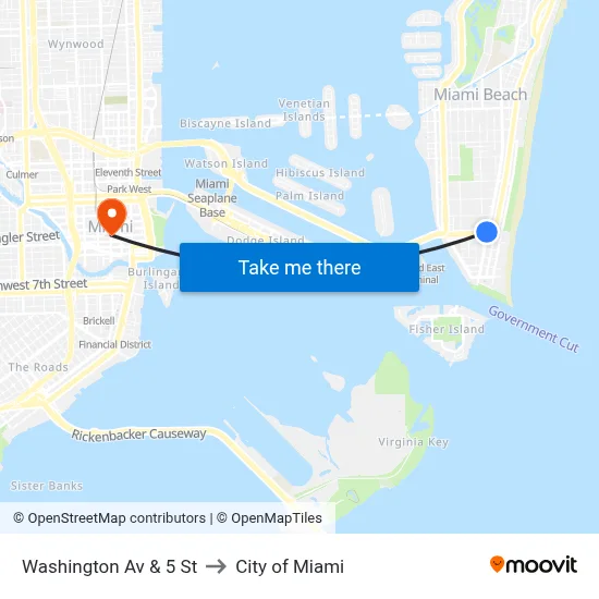 Washington Av & 5 St to City of Miami map