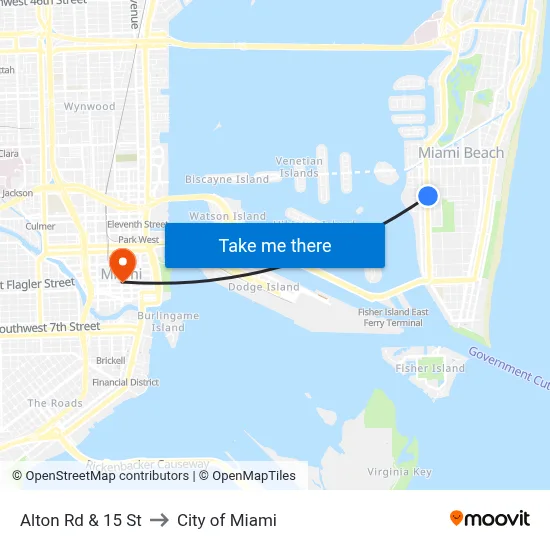 Alton Rd & 15 St to City of Miami map
