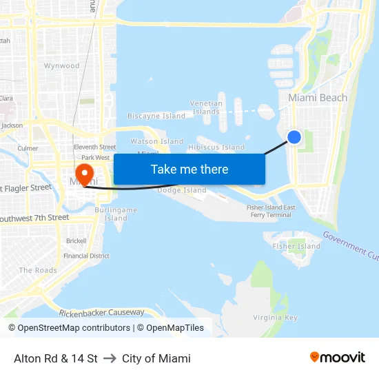 Alton Rd & 14 St to City of Miami map