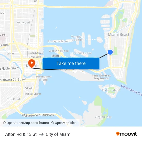 Alton Rd & 13 St to City of Miami map