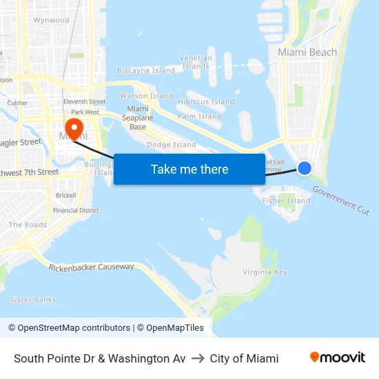 South Pointe Dr & Washington Av to City of Miami map