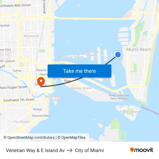 Venetian Way & E Island Av to City of Miami map