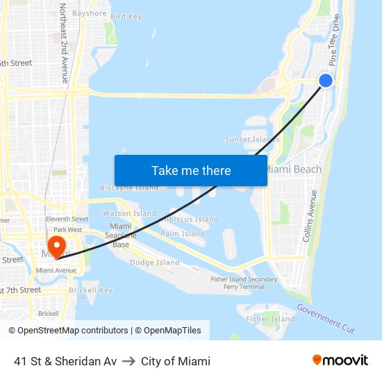 41 St & Sheridan Av to City of Miami map