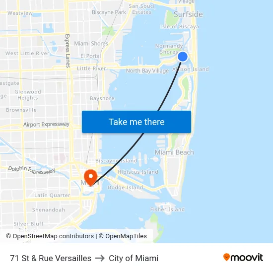 71 St & Rue Versailles to City of Miami map