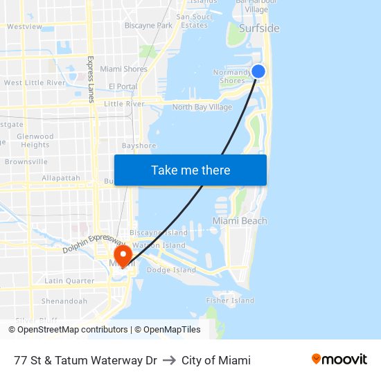 77 St & Tatum Waterway Dr to City of Miami map