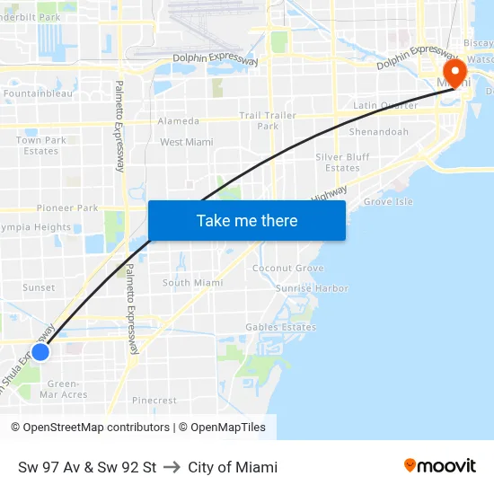 Sw 97 Av & Sw 92 St to City of Miami map