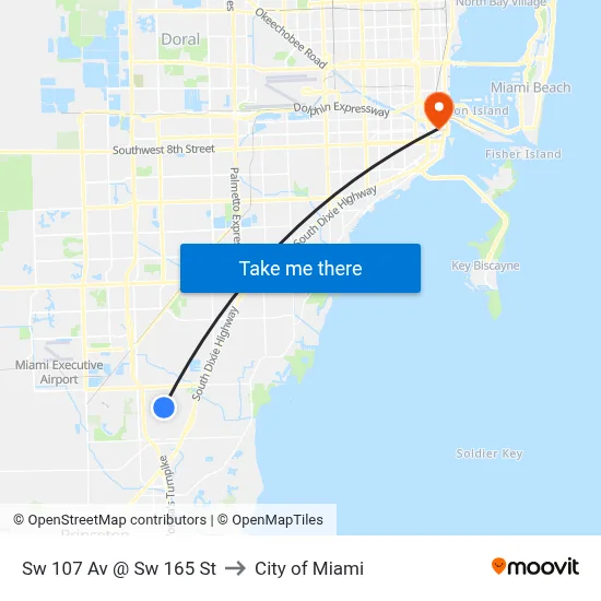Sw 107 Av @ Sw 165 St to City of Miami map