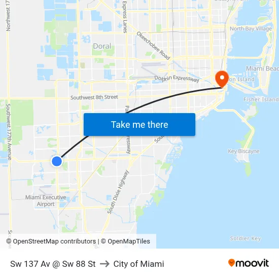 Sw 137 Av @ Sw 88 St to City of Miami map