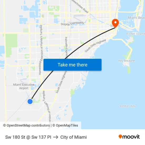 Sw 180 St @ Sw 137 Pl to City of Miami map
