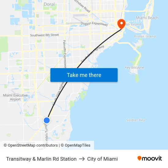 Transitway & Marlin Rd Station to City of Miami map