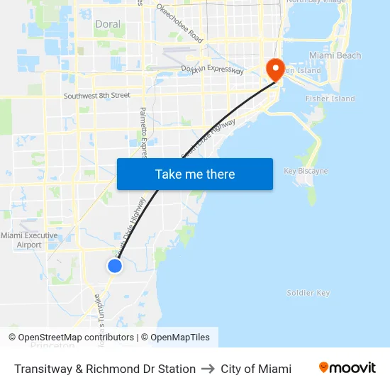 Transitway & Richmond Dr Station to City of Miami map