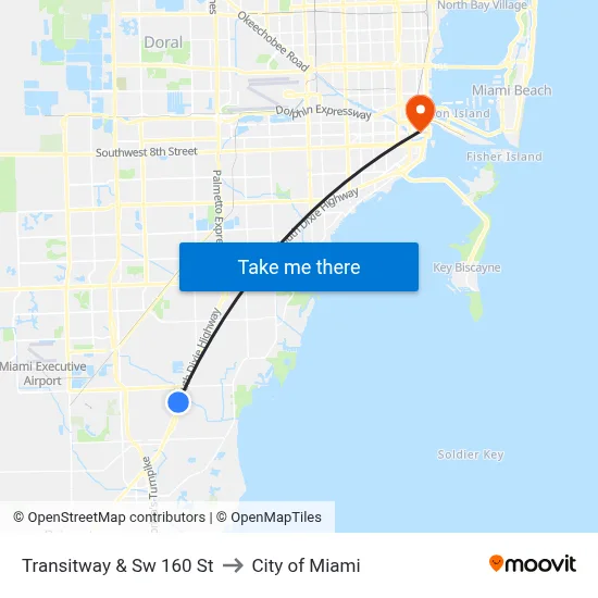 Transitway & Sw 160 St to City of Miami map